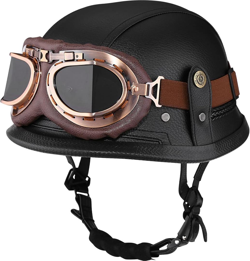 Motorcycle Half Helmet Retro German Handmade Leather Half Face Quick Release Buckle & Goggles - DOT Approved (Black, XL)