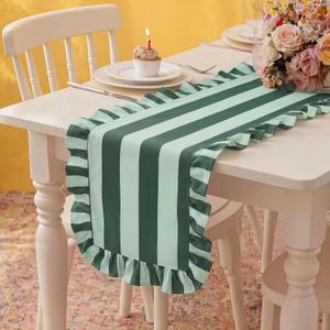 HunnmingRe Ruffle Edge Striped Table Runner 72 x 15.7 Inch Scalloped Table Cover Farmhouse Linen-Cotton Blend Fabric Tabletop Decor for Home Kitchen Dinner Wedding Bridal Shower Party (Forest Green & Mint Green)