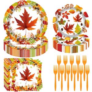 Fall Party Supplies - 96 Pcs Autumn Maple Leaf Disposable Tableware Set with Paper Plates, Napkins, Forks for Thanksgiving Harvest Party Decorations