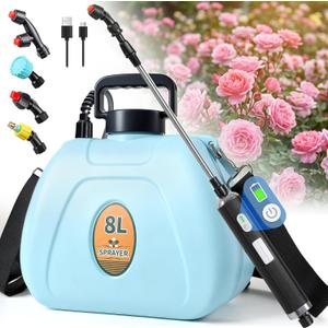 PASAMIC 2 Gallon Battery Powered Sprayer, Rechargeable Electric Sprayer with 2 Speeds & 4 Nozzles, Battery Indicator, Retractable Wand, Adjustable Straps & Storage Bag for Lawn Garden