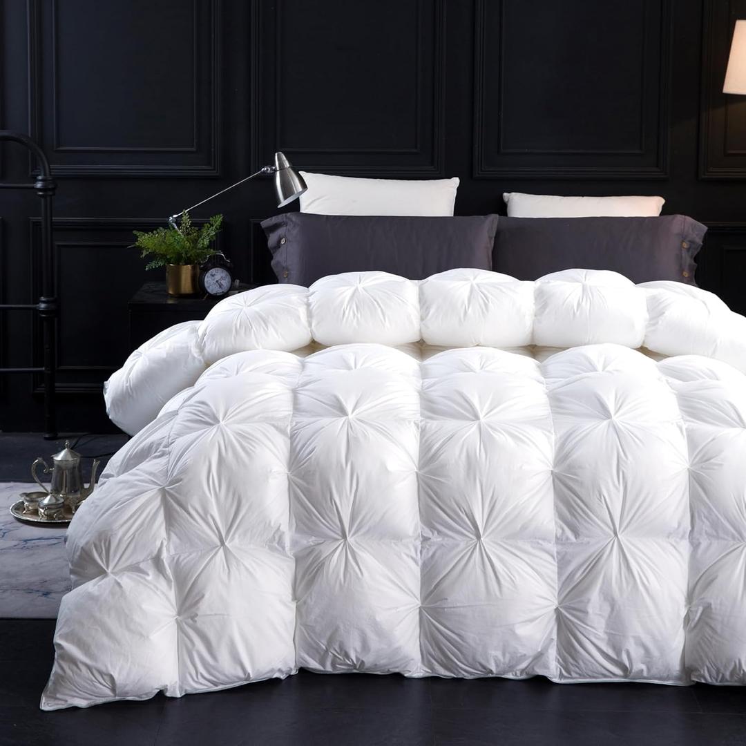 Three Geese Queen Size Pinch Pleat Duck Feather Down Fiber Comforter - All-Season Down Duvet Insert Fluffy Baffle Box Design with 8 Corner Loops for Warmth and Softness.
