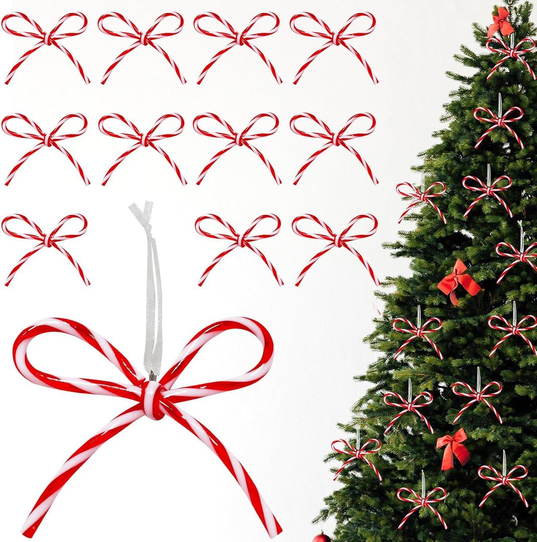 12PCS Christmas Candy Bow Ornament 4.3 x 4 Inch Acrylic Candy Cane Lollipop Peppermint Wreath Crafts Bows Xmas Tree Ribbon Hanging Bows Pendants for Christmas Home Outdoor Indoor Decoration (Red)