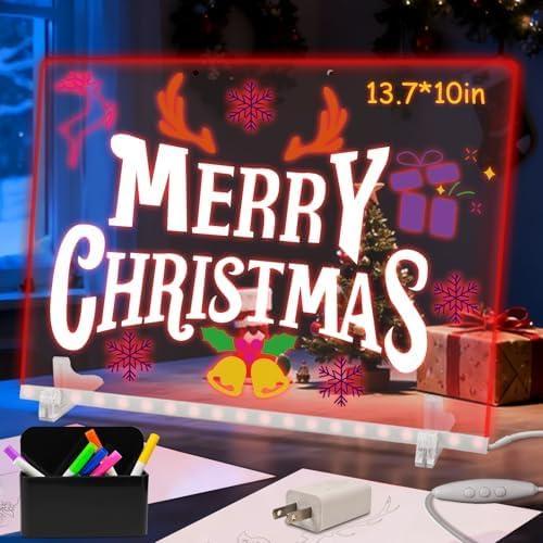LED Note Board with 7 Colors, 13.7"X10" Led Drawing Board for Kids, Light Up Acrylic Dry Erase Writing Board with 7 Markers, Soft Cloth, Hanging Chain, Christmas & Birthday Gift for Kid Girl (Wired Control)