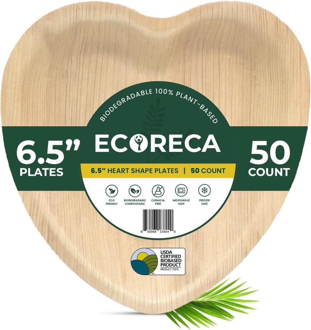 6.5-Inch Heart Shaped Palm Leaf Plates (50-Pack) Disposable for Appetizers Bamboo-Style Eco-Friendly Biodegradable Plates for Parties, Weddings & Catering | Camping Essentials