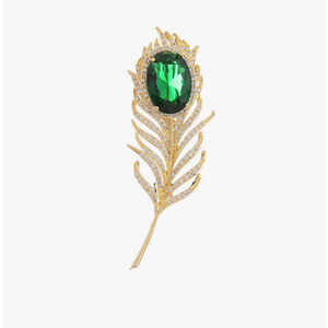 14K Golden Plated Feather Brooch Pin for Women Men With Simulated Emerald Cubic Zirconia Rhinestone Lapel Suit Badges Brooches Pins Fashion Delicate Corsage Scarfts Jewelry Gifts Wedding Birthday