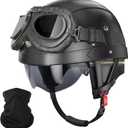 German Style Motorcycle Helmet - DOT Approved Vintage Leather Novelty Half Helmets for Motorcycle with Goggles/Visor, Removable Lining/Earmuffs, for Cruiser Scooter Chopper Moped, for Adults Men Women