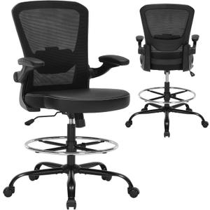 Drafting Chair Tall Office Chair with PU Leather Seat, 400lbs Ergonomic Standing Desk Chair with Lumbar Support,Counter Stool with Adjustable Footrest Ring & Flip-up Armrests,Black, X-Large