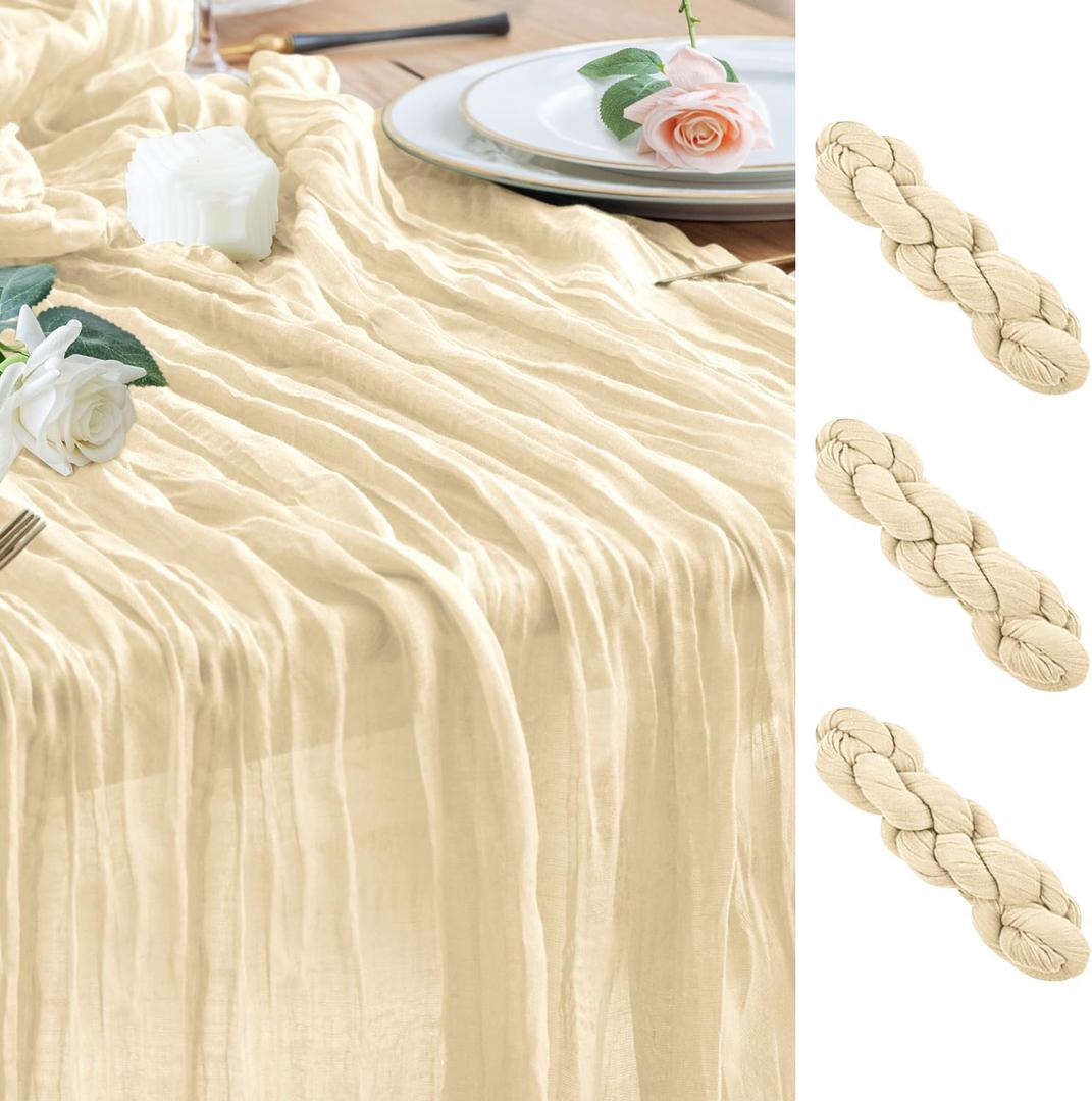 Wokceer Cheesecloth Table Runner 3Pack 10FT Beige Christmas Boho Gauze Cheese Cloth Table Runner for Party Easter Rustic Sheer Table Runners for Baby Bridal Shower Wedding Table Decor
