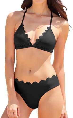 Vivola Two Piece Bikini Set for Women V Neck Swimsuit Classic Scalloped Edge Bathing Suit Sexy Back Tie Strap Swimwear, L