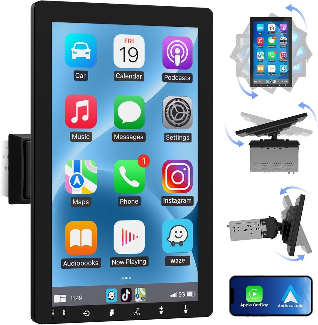 Single Din 10.1-inch CarPlay Touchscreen - Rotatable Wireless Android Auto Car Stereo - Bluetooth Phonelink GPS Navigation WiFi Dual USB AM FM Radio Backup Camera Input 2G+64G