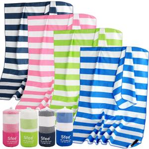 Sfee 2 in 1 Microfiber Beach Towel, Quick Dry Towel Travel Camping Towel Super Absorbent Compact Lightweight Sports Gym Towels Set for Beach, Gym, Hiking, Pool, Backpacking, Bath, Yoga (Dark Blue Stripe), Size: L 60"x30"+24"x15"