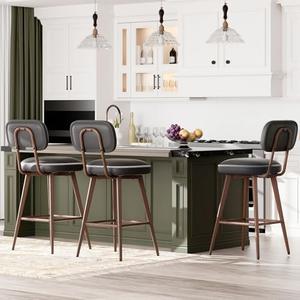 MALOL Swivel Bar Stools Set of 3, Mid Century PU Leather Counter Height Bar Chairs with Low Back and Metal Legs, Modern Bar Stool Chair for Kitchen Island, Black