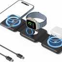 OhM-ega 3 in 1 Wireless Charging Station, 15W Fast Wireless Charger for iPhone 17/16/15/14/13 Pro Max Plus, Apple Watch & AirPods, Foldable Travel Charger Dock, Qi-Certified (Black)