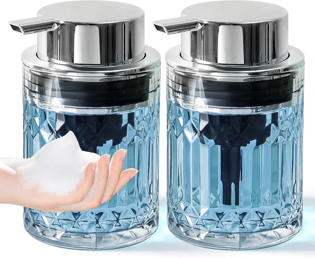 Foaming Soap Dispenser, 2 Pack Clear Glass Foam Hand Soap Dispenser for Bathroom, Refillable 7.8 Fl Oz Foamy Pump Bottle with Plastic Sliver Pump, Vintage Dish Soap Foam Dispenser Container