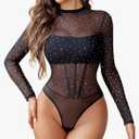 Avidlove Women Mesh Bodysuit Lingerie Mock Neck Long Sleeve Sheer Rhinestone Going Out Top, S