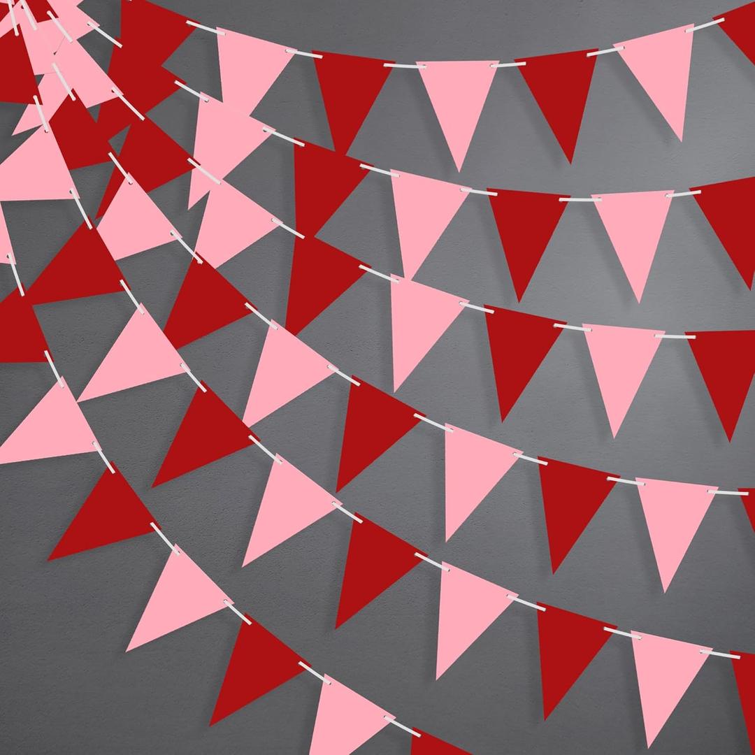 KatchOn, Pink and Red Pennant Banner - 60Feet, 12 Pcs, Pre-strung, Pennant Flag for Valentines Day Decorations, Anniversary, Baby Shower | Red and Pink Classroom Decor | Galentines Day Decorations
