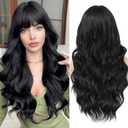 Lovenia-Long Black Wig with Bangs for Women Natural Wavy Wig for Women 26" Synthetic Wigs Heat Resistant Fiber Long Wavy Curly Hair with Bangs Middle Part Daily Party Fancy Wig