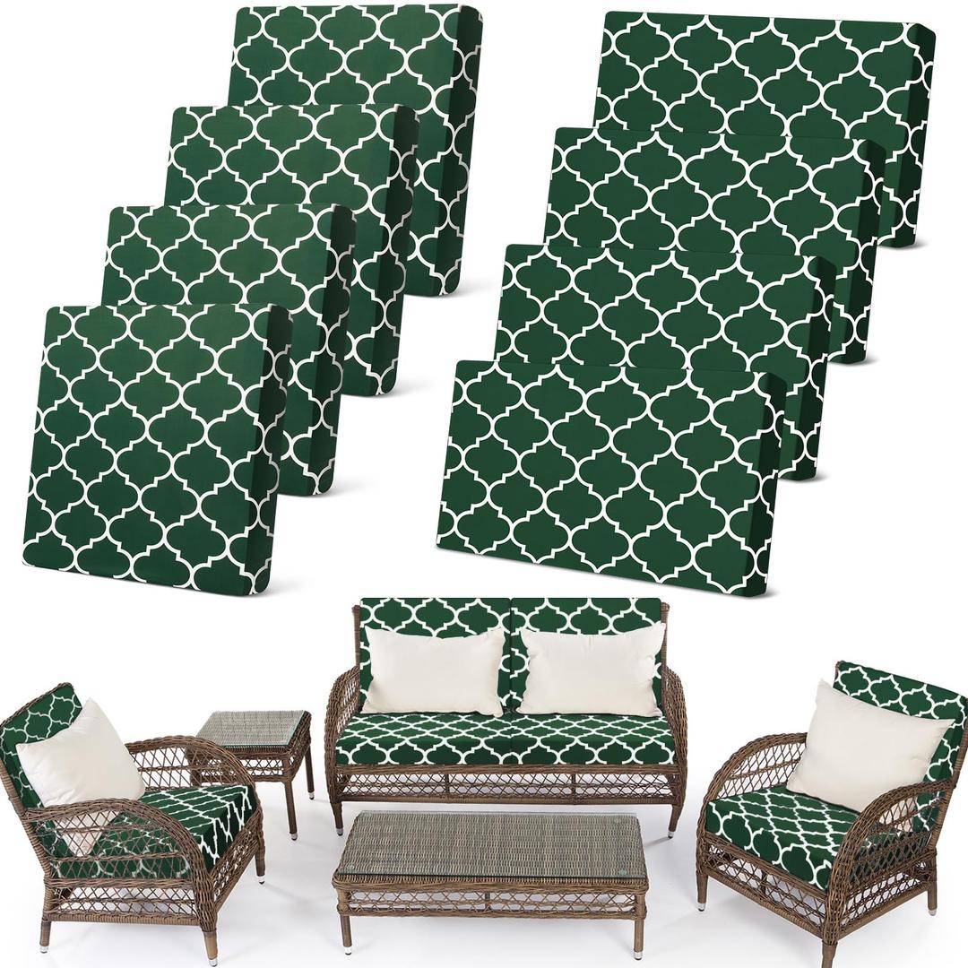 Newwiee 8 Pcs Stretch Patio Outdoor Cushion Covers Waterproof Replacement Sofa Couch Covers for 4 Backrests and 4 Cushions Washable Lawn Garden Seat Furniture Protector(Dark Green)