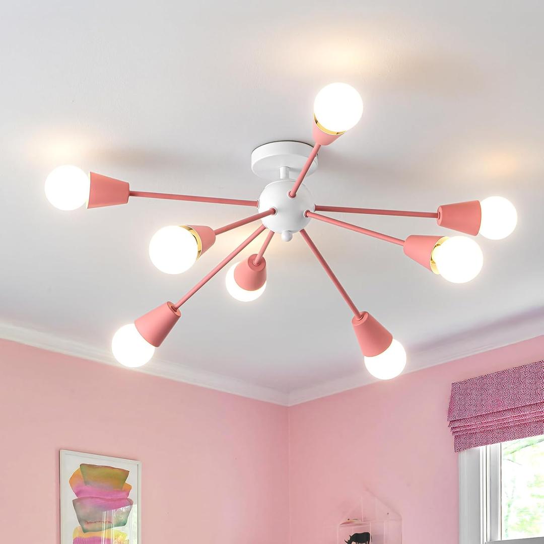 Pink Sputnik Chandelier Ceiling Light Fixture, 8-Lights Modern Sputnik Lights Fixture with E26 Base, Semi Flush Mount Ceiling Light for Bedroom Kitchen Dining Room Entryway
