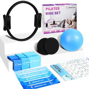 Goocrun Pilates Ring Set Exercise Equipment, with Exercise Resistance Bands Set, Pilates Ball, Sliding Disks. Portable Home Gym - with Fitness Guide Poster