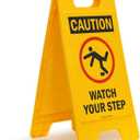 SmartSign Folding Floor Sign, Legend "Caution Watch Your Step" with Graphic, 25" high x 12" wide, Black/Red on Yellow