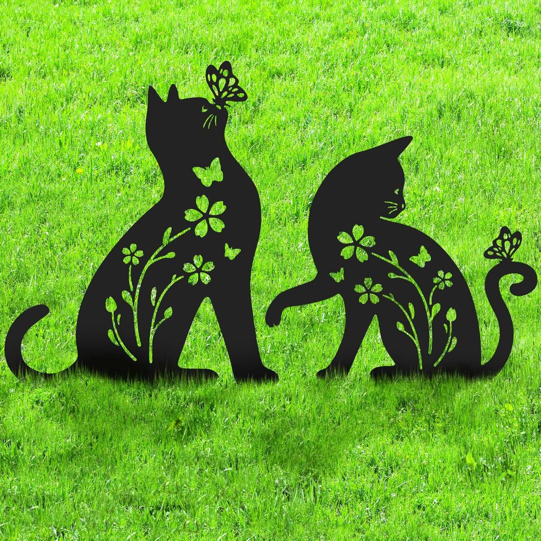 2 Packs Cat Garden Decor for Outside, Cat Gifts for Women/Men/Mom/Grandma, Metal Decorative Garden Stakes for Outdoor Lawn Statues Yard Art