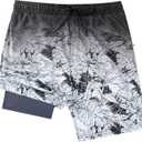 Men's Swim Trunks with Compresssion Liner 7" Swimwear Board Shorts 2-in-1 Bathing Suits with Zipper Pockets (4X-Large, Black Gradient Leaves)