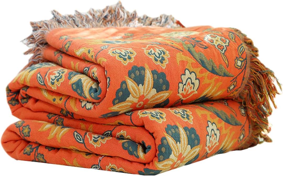 Boho Throw Blanket, 100% Pure Premium Cotton Ultra Soft Farmhouse Reversible Blanket with Tassels for Bed Sofa Couch Chair Bedspread Quilt Decor Gift(80''x 90'') (Bohemian Flower - Orange)