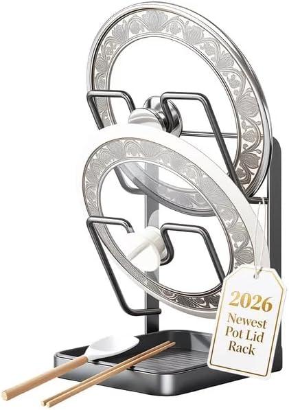 Pot Lid Organizer Holder While Cooking Kitchen Storage Rack Countertop for Inside Cabinet Spoon and Cover Pans Rest with Pan Big Crockpot over the Stove Counter Top Shelf Crock Container