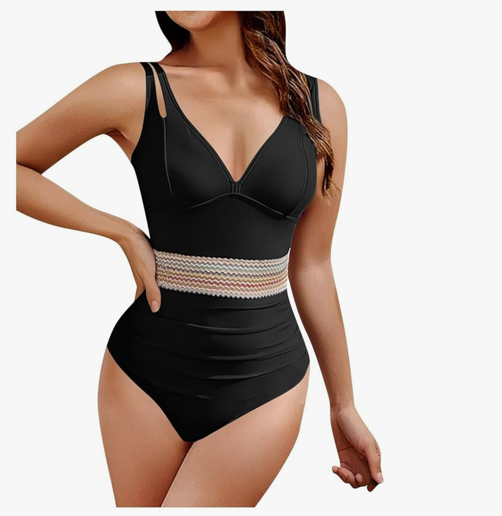 One Piece Swimsuit Women High Waisted Bathing Suit V Neck Color Block Swim Suits for Women 2025 Summer Sexy Swimwear, L