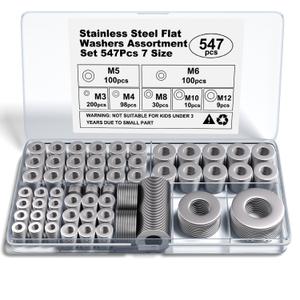 Stainless Steel Flat Washers Assortment, 18-8 (304) Stainless Steel, 547-Piece Set (Assorted Metric Sizes M3-M12, 3mm, 4mm, 5mm, 6mm, 8mm, 10mm, 12mm) with Plastic Storage Case