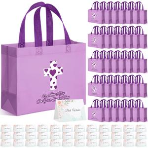 SilTriangle 36 Pcs Purple Christian Gift Bag with Cross & Card, 10"x 8" Non Woven Reusable Religious Church Welcome Tote Bag Bulk with Handle for Baptism Bible First Communions Thanksgiving Xmas