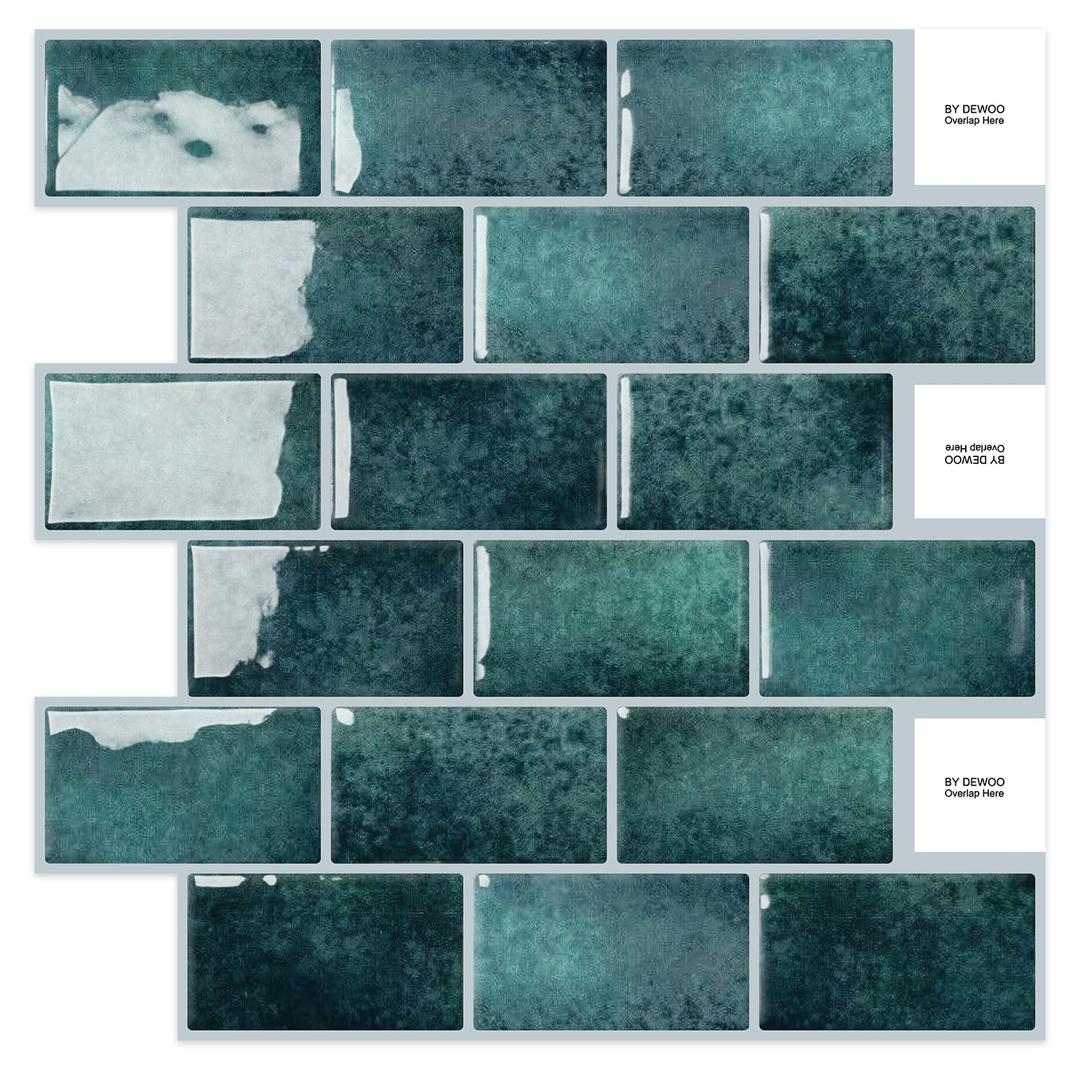 DEWOO Teal Green Peel and Stick Subway Tile Backsplash Self Adhesive Brick Stickers for Kitchen Bathroom Wall, 10-Sheet, 12"×12"