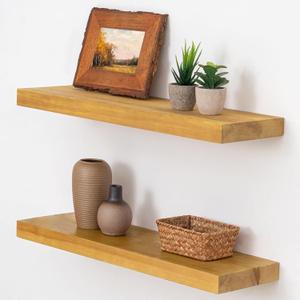 Axeman 24 Inch Wood Floating Shelves for Wall Solid Wooden Shelf Rustic Wall Shelves for Bedroom|Kitchen |Bathroom|Living Room with Invisible Brackets|Farmhouse Style, 2 Pack Gold Oak