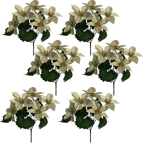 WISTART 6 Pack Yellow Christmas Artificial Poinsettia Flowers Faux Poinsettia Bush Bouquets Silk Poinsettia Christmas Tree Ornaments Poinsettia Flower Arrangement for Home Decor