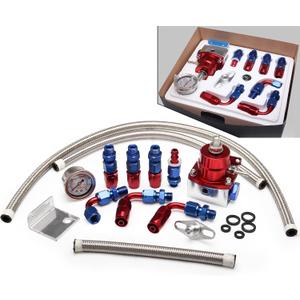 Aluminum Adjustable Universal EFI Fuel Pressure Regulator Kit with 0-100psi Pressure Gauge AN6-6AN Fuel Line Hose Fitting Connectors Kit Blue&Red HTRACING
