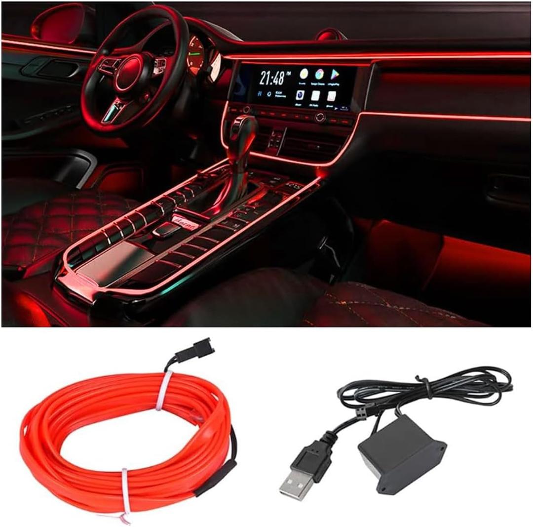 EL Wire Interior Car LED Strip Lights, USB Car Neon Light Strip with Sewing Edge, 16FT Neon Light 5V with Fuse Protection, Electroluminescent Car Indoor Decorations (Red)