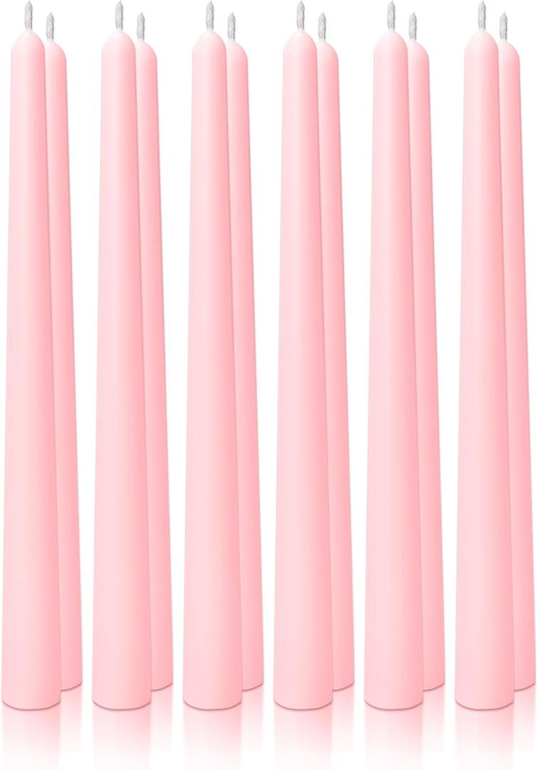 10" Classic Taper Candles, Blush Pink, 12-Pack, 7-8 Hours Long Burning, Unscented Tall Candlesticks