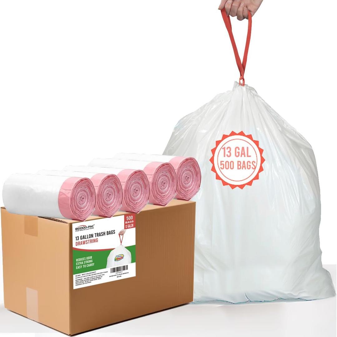 13 Gallon Bags Drawstring, 500 Count, White & Unscented Garbage Bags, Multi-purpose Tall Kitchen Bags Can Liners for Business Home Commercial and Industrial