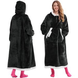 Giggling Getup Wearable Blanket Hoodie for Women Men Gifts for Women Mom Wife Sherpa Fleece Long Hooded Blanket Sweatshirt Cozy Sherpa Wearable Throw with Pocket & Sleeves for Adult Standard Black (Black)