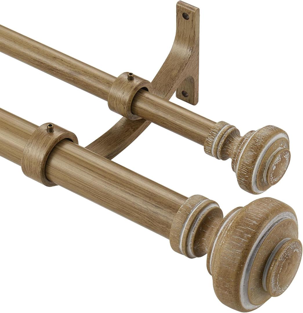 Wood Double Curtain Rod for Windows 36 to 72 Inches (3 to 6 ft), Adjustable Heavy Duty Double Drapery Rods, Farmhouse Collection Decorative Design with Porch Doorknob Finials,Weathered Oak