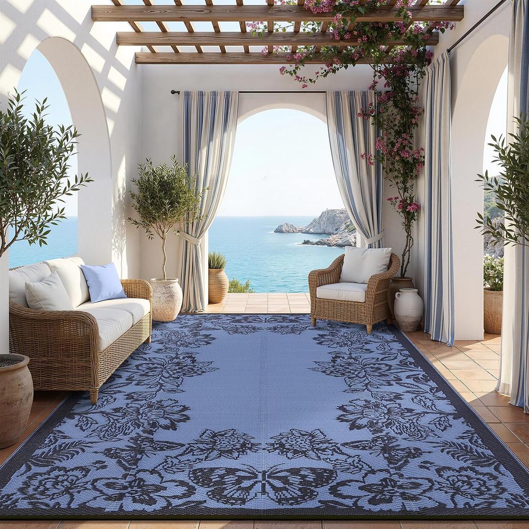 Garvee Outdoor Rugs 9' x 12 Waterproof Reversible Mats, Large Area Plastic Straw Rug, Outside Carpet, Butterfly Floral Rv Mat for Patio Camping Picnic Backyard Deck Balcony Porch Beach Trailer