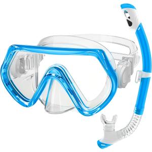2 Sets Kids Snorkeling Gear for Ages 3-14, Anti-Fog 180 Clear View Dry Top Snorkel Set, Swimming Mask with Nose Cover & Tempered Glass Goggles for Youth Boys Girls Junior (Small-Medium, Blue)