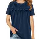 storeofbaby Navy Blue Tops for Girls Tween Short Sleeve Tee Casual Flowy Solid Shirts (Blue, L)