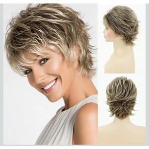 SEVENCOLORS Short Blonde Wigs for White Women Synthetic Hair Mixed Brown Wigs with Bangs Natural Layered Pixie Cut Wig for Women
