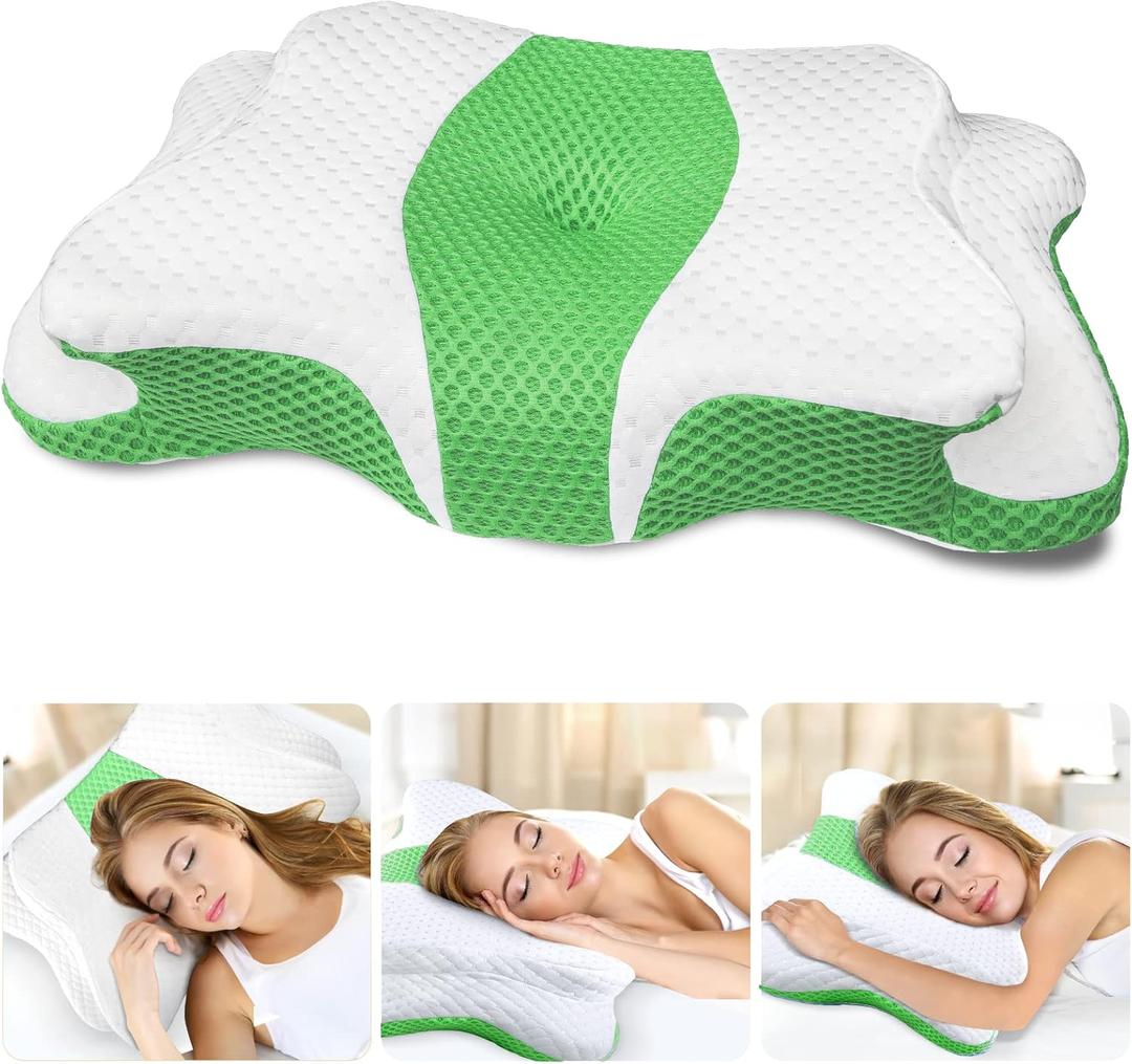 CHxxy Memory Foam Pillows, Cervical Pillow for Neck and Shoulder Pain Relief, Ergonomic Contour Bed Pillow, Soft for Side Sleep Stomach Sleeping and Back Sleeper-Queen Size&Green
