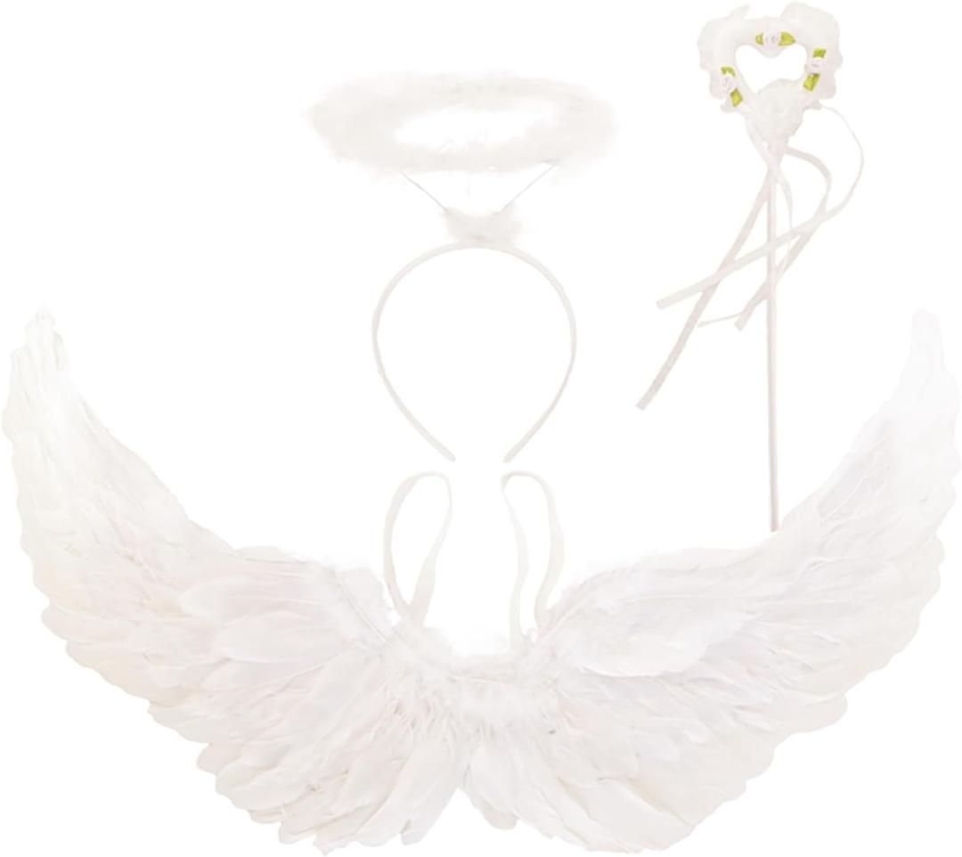 26x14 inch Angel Feather Wing Halo and Wand Costume Set for Girls Cosplay Kids Women Halloween Party Favor (White)