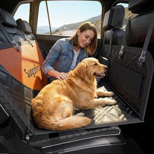 SugarFox Dog Car Seat Cover for Back Seat - Upgraded PU Leather Dog Hammock, 400lbs Hard Bottom Backseat Pet Cover, Waterproof Anti-Scratch + Pet Safety Belt (BLACK-60x20)