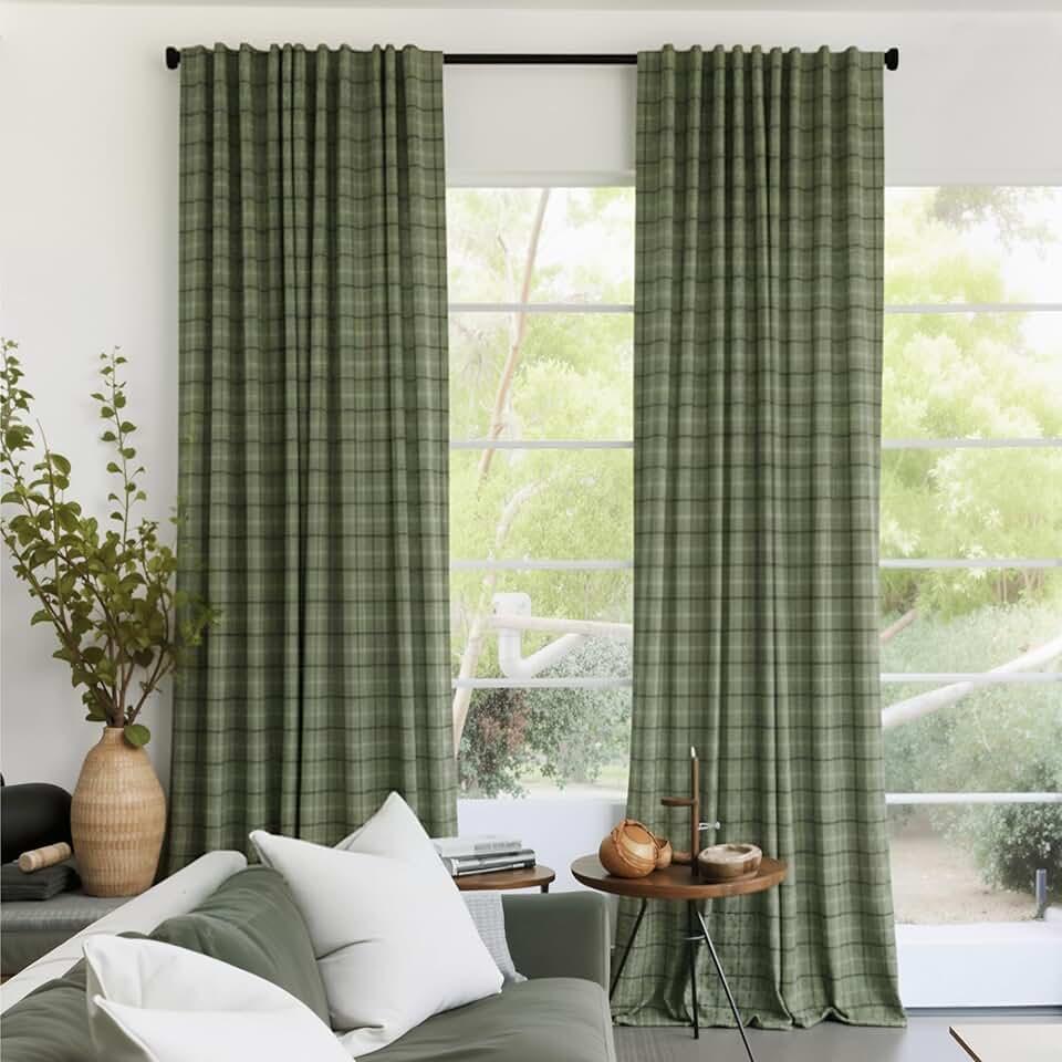 RYB HOME Green Plaid Curtains for Living Room Dining Room, Linen Blend Light Filtering Semi-Sheer Privacy Farmhouse Checkered Window Treatment for Kitchen Bedroom, 52x72 , 2 Panels OEKO-TEX STANDARD 100