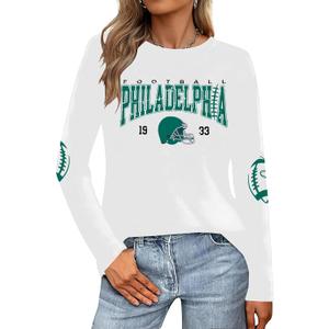 Football Season Long Sleeve Shirts For Women Game Day Team Fans Top Football Helmet Tee Crewneck Pullover Tops (L)